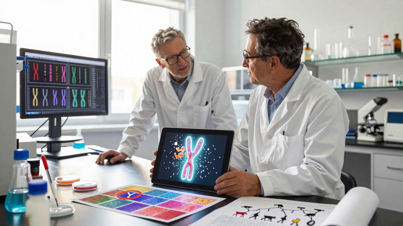 Dois cientistas em laboratório analisam imagem digital de cromossomo e gráficos coloridos em mesa.