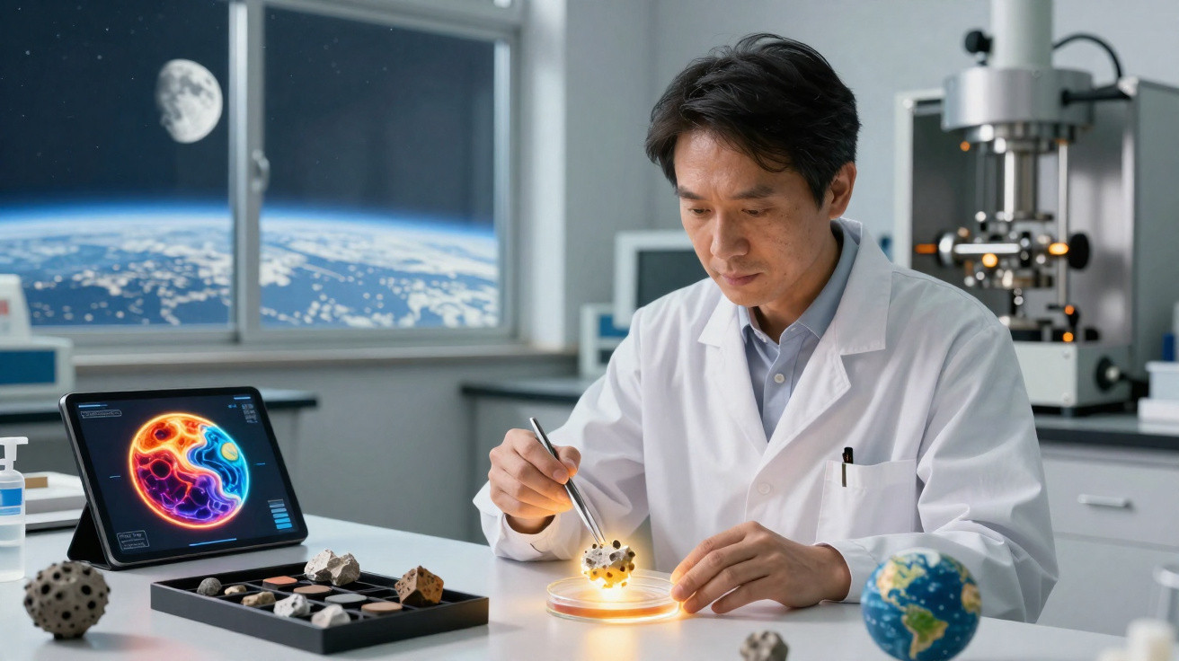 Cientista em laboratório analisando meteorito iluminado, com tablet e modelo da Terra na mesa.