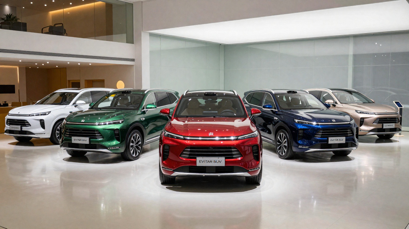Concessionária com cinco SUVs Evitar em cores branca, verde, vermelha, azul e bege em exposição interna.