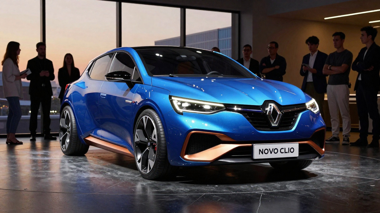 Carro azul Renault Novo Clio exposto em ambiente interno, com pessoas ao fundo apreciando o veículo.