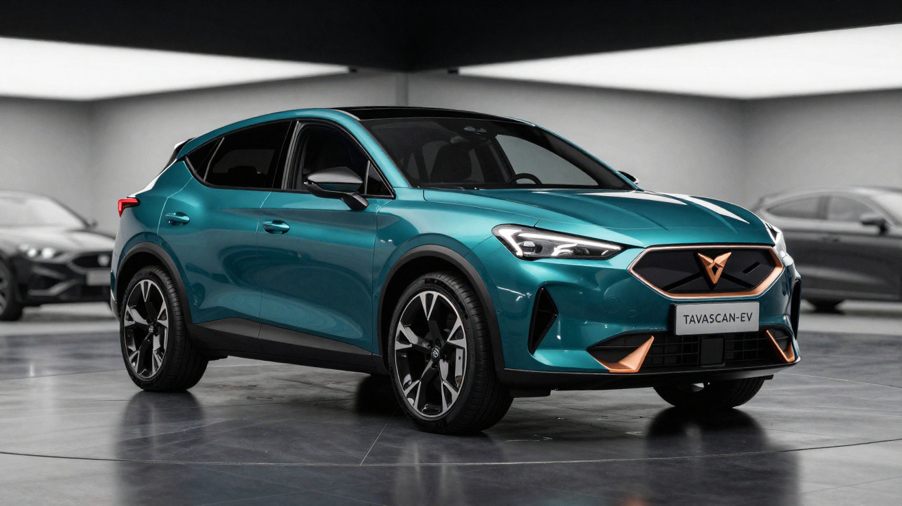 SUV elétrico Cupra Tavascan EV na cor azul em ambiente interno moderno e minimalista.