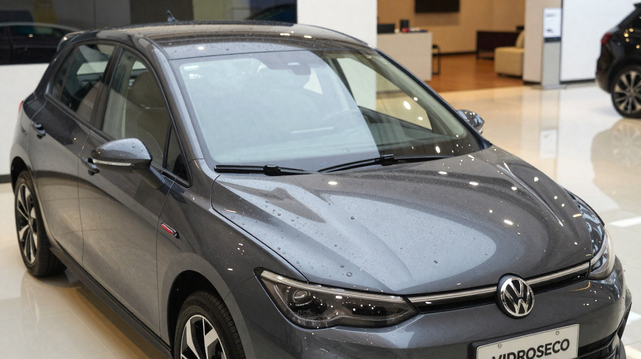 Carro Volkswagen cinza estacionado em showroom com teto solar e faróis modernos.