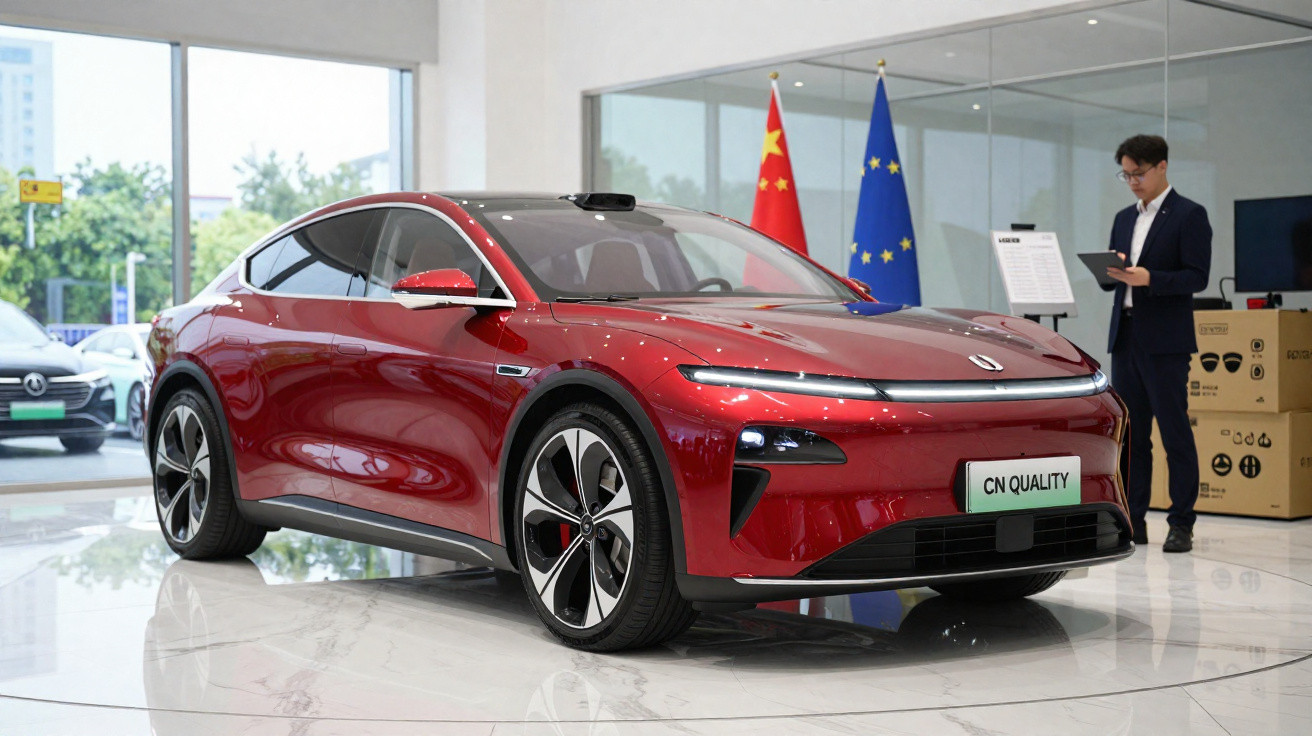 Carro elétrico vermelho em exposição, com bandeiras da China e União Europeia ao fundo.