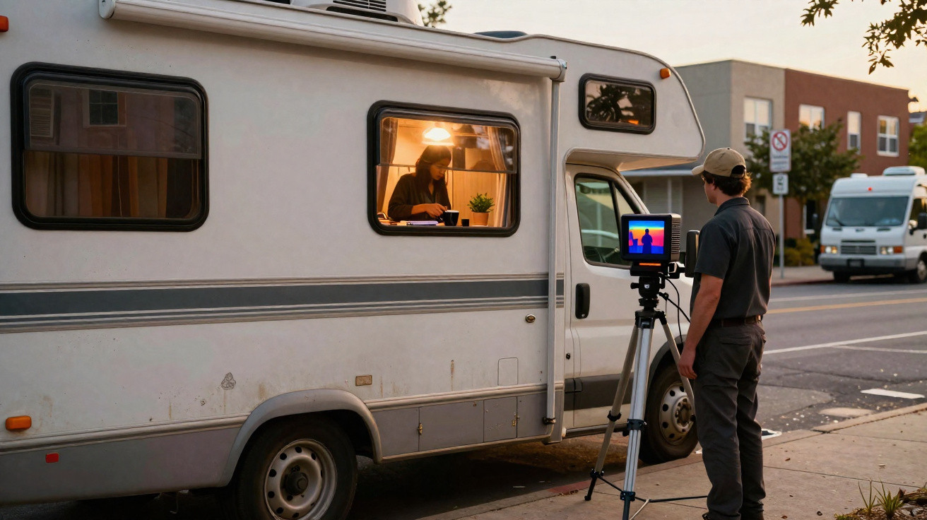 Homem usa câmera térmica para observar mulher dentro de trailer estacionado ao entardecer.