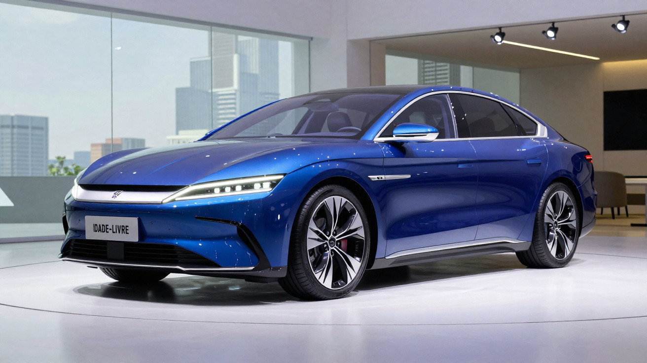 Carro elétrico azul em exposição, design moderno com faróis finos e rodas esportivas, em ambiente interno iluminado.