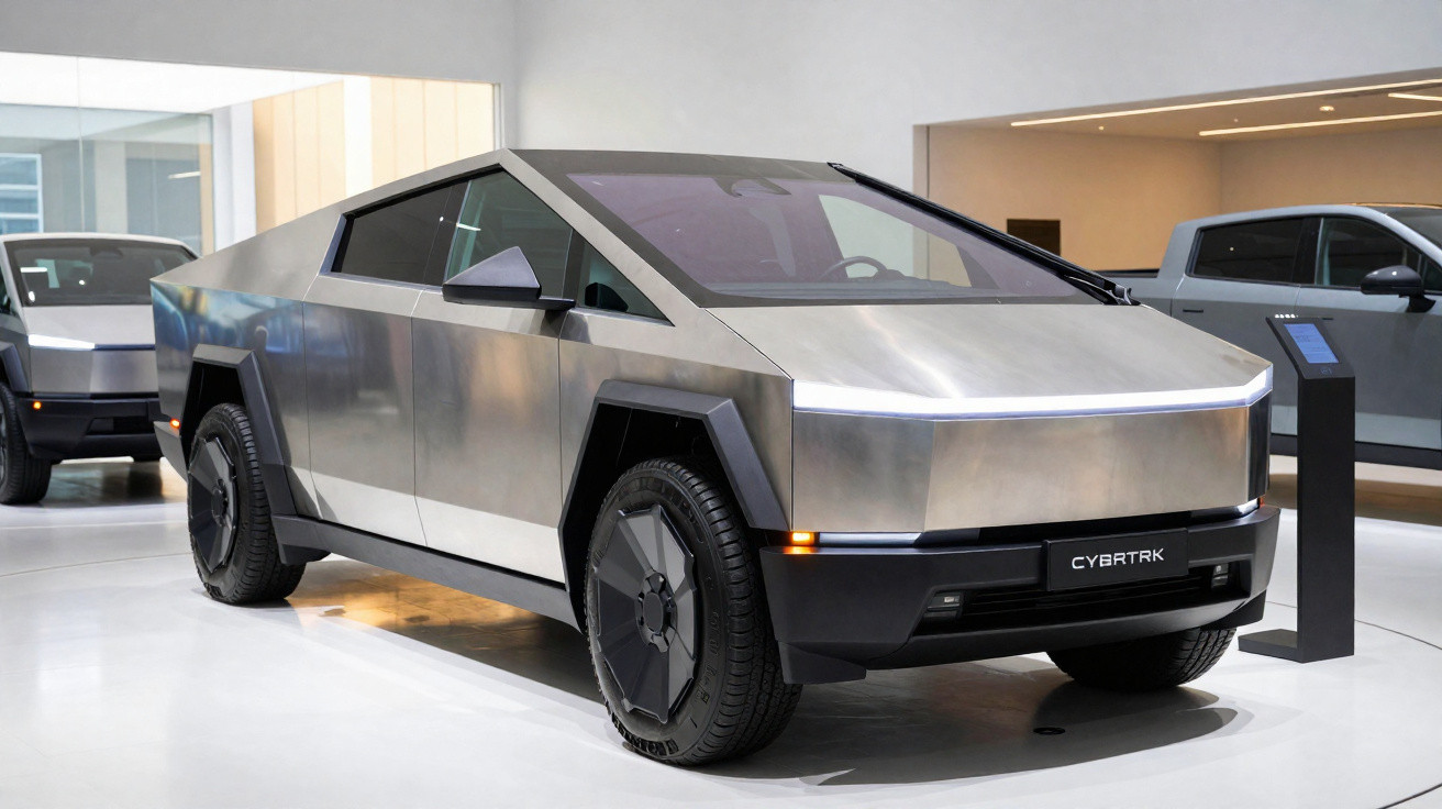 Carro elétrico Tesla Cybertruck prata em exibição em showroom moderno e iluminado.