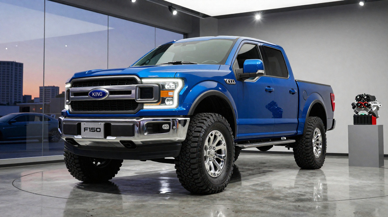 Picape azul King F150 exibida em showroom moderno com piso espelhado e parede branca.
