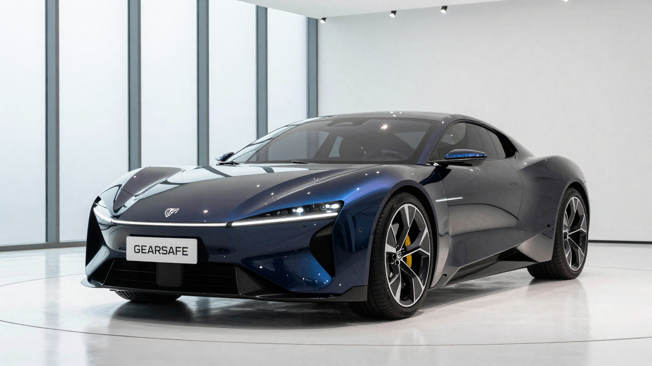 Carro esportivo azul escuro com design aerodinâmico exposto em ambiente branco e moderno.