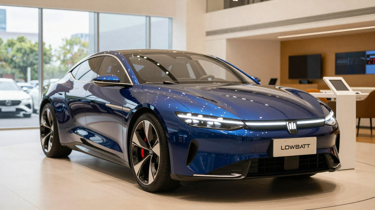 Carro esportivo elétrico azul brilhante Lowbatt em exibição dentro de uma concessionária moderna.