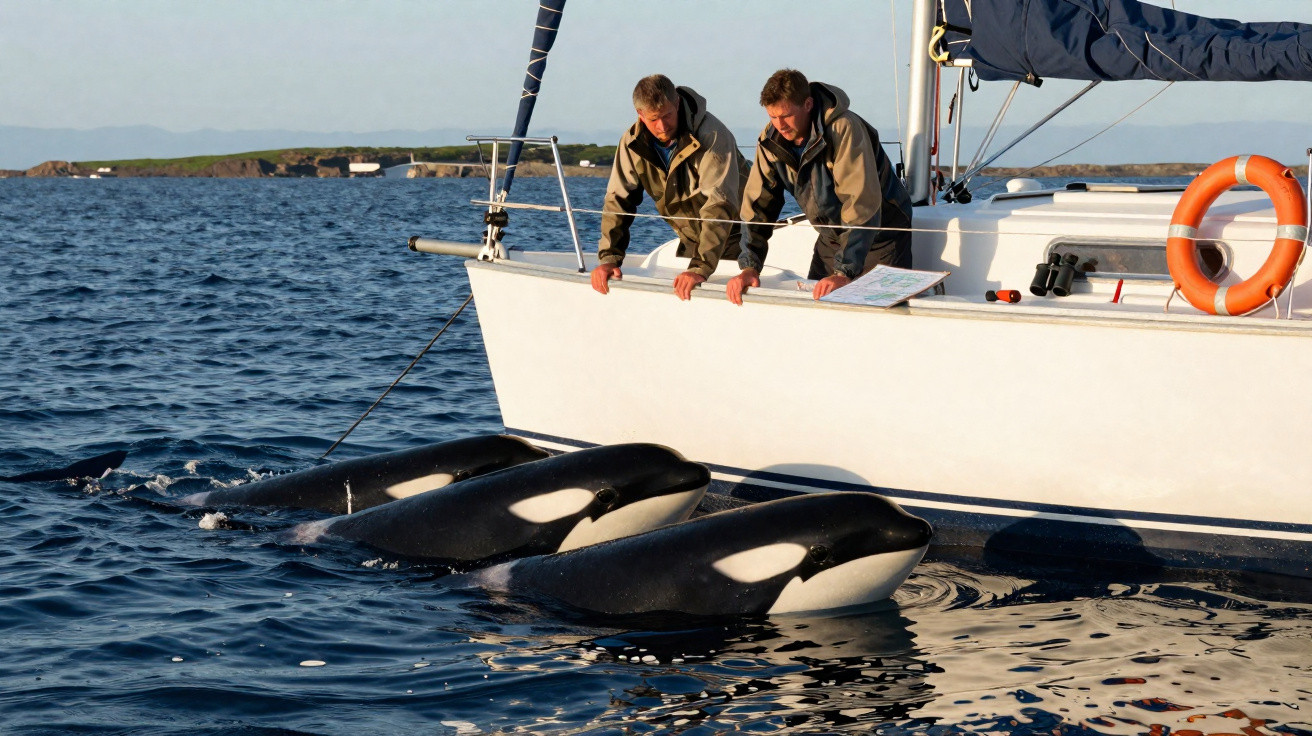Dois homens observam três orcas próximas a um veleiro branco no mar calmo ao entardecer.