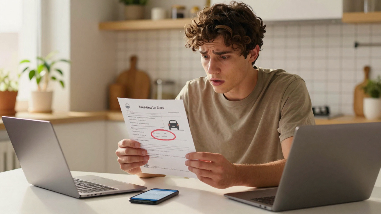 Jovem sentado à mesa com expressão preocupada olhando uma multa de trânsito enquanto usa dois laptops.