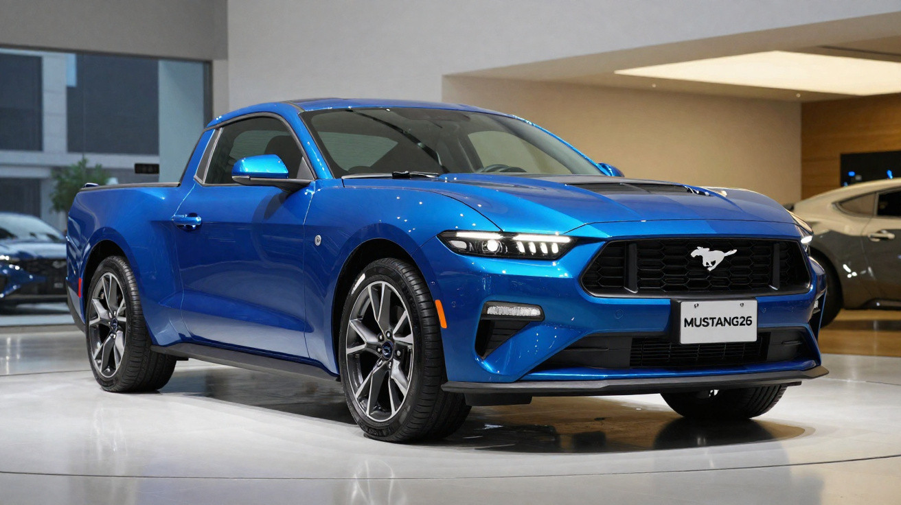 Picape Ford Mustang azul em exposição com faróis piscando e rodas esportivas.