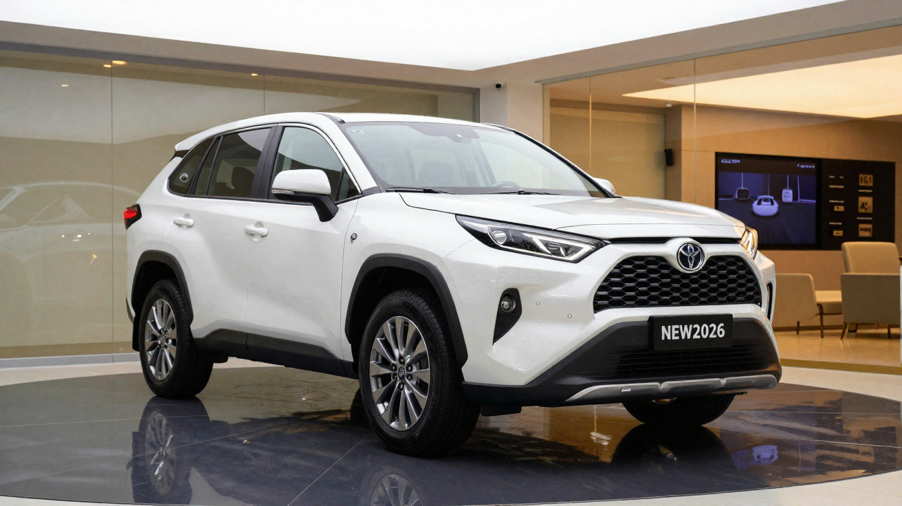 Toyota Corolla Cross branco 2026 em exibição em ambiente interno moderno.