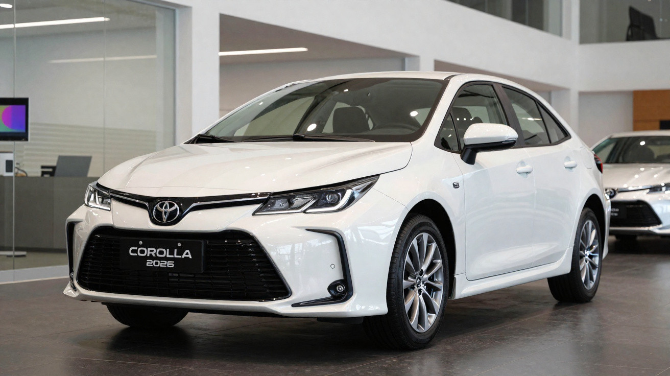 Carro branco Toyota Corolla 2026 em showroom, vista frontal e lateral direita.