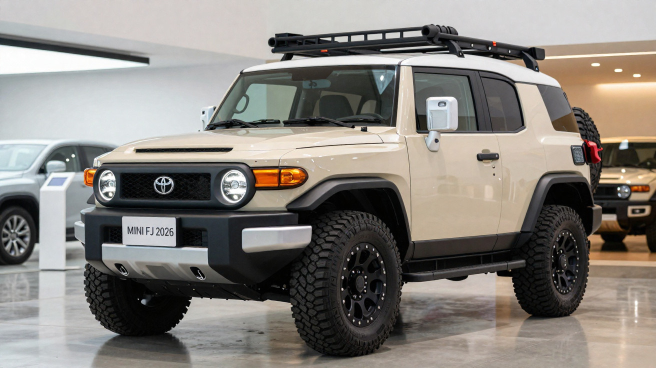 SUV Toyota Mini FJ 2026 bege, com pneus off-road e bagageiro no teto, em exposição interna.