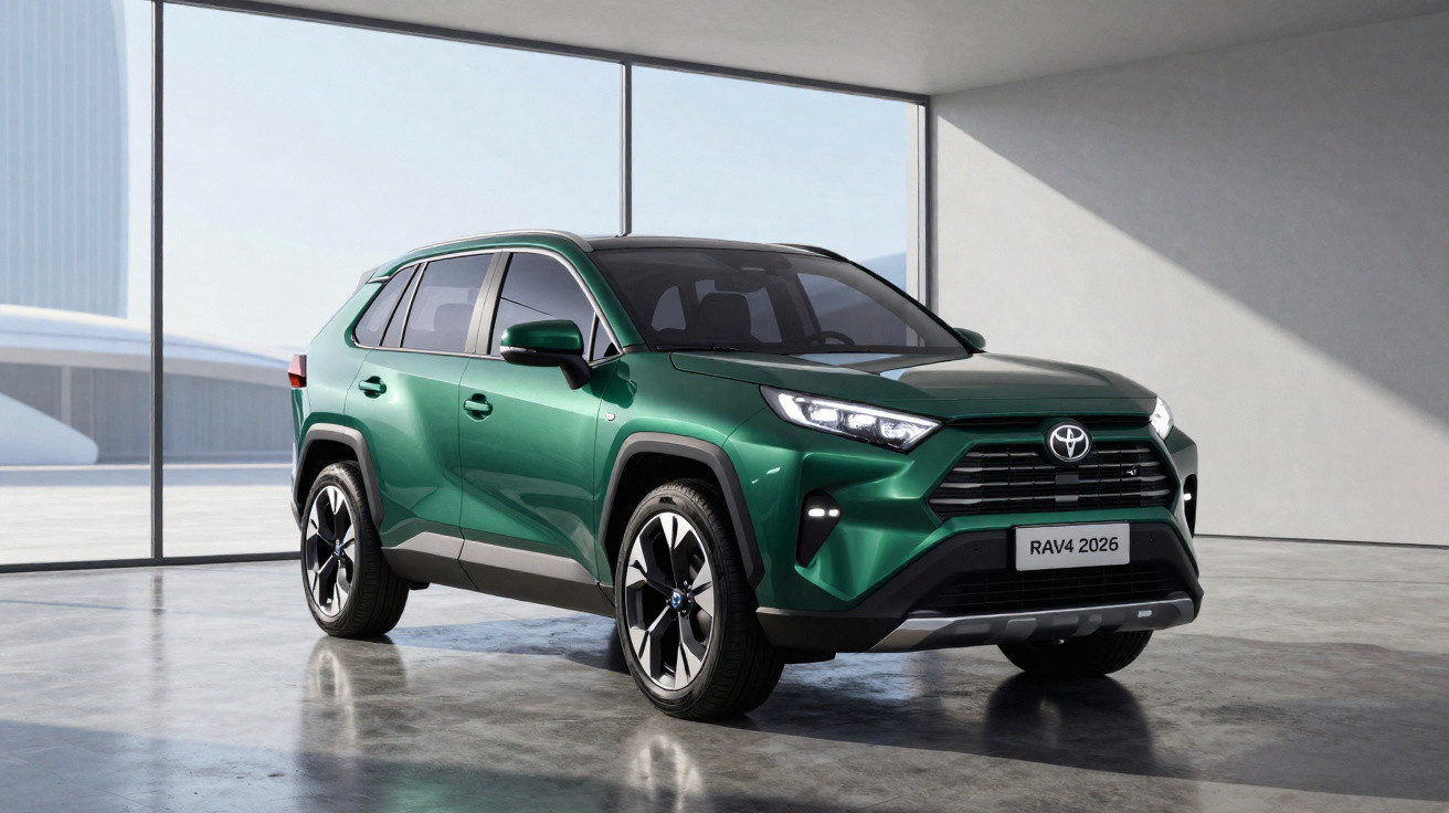 SUV Toyota RAV4 2026 verde estacionado em garagem moderna com grandes janelas de vidro.