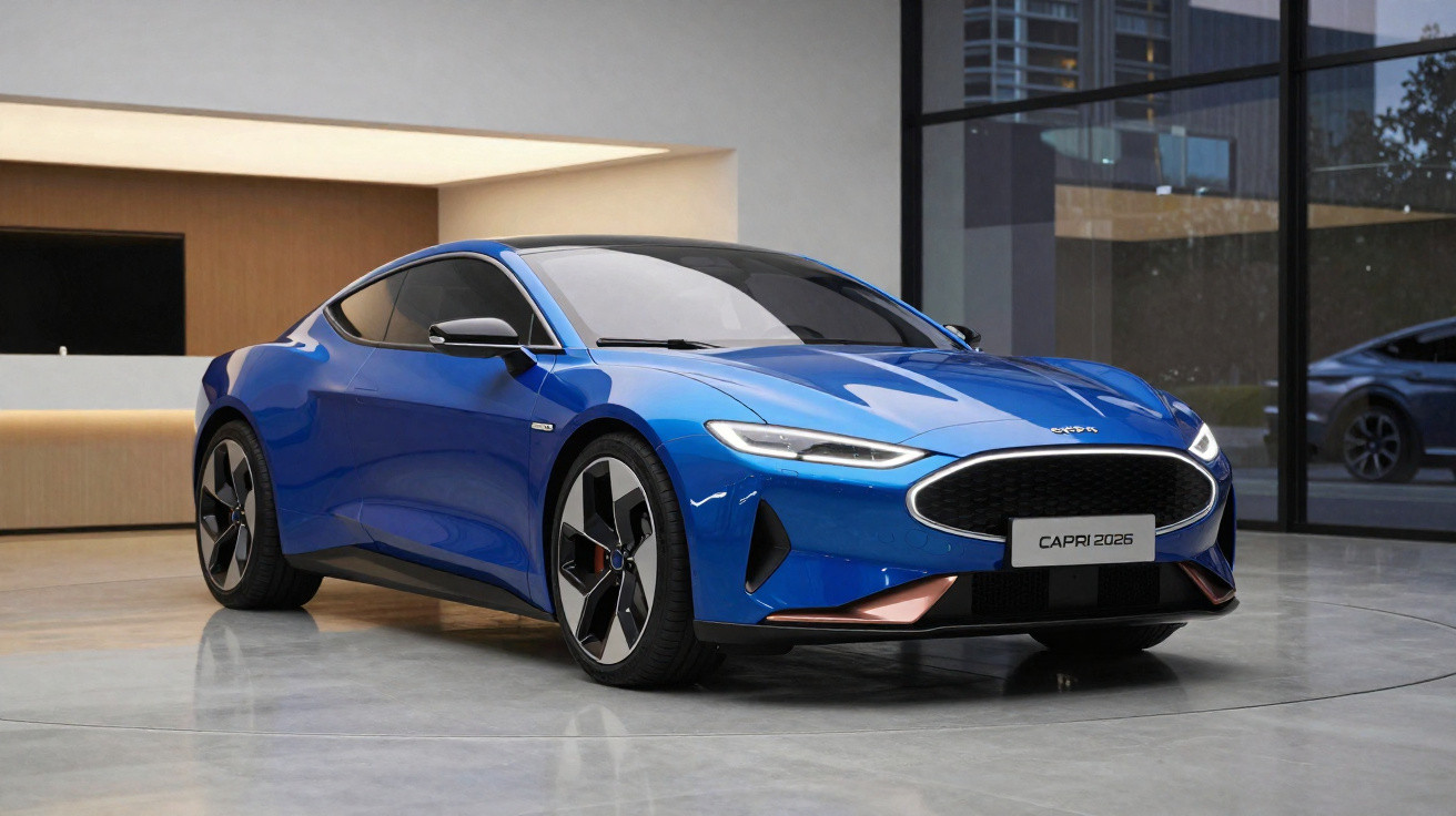Carro esportivo azul com design futurista em showroom moderno com grandes janelas e piso cinza.