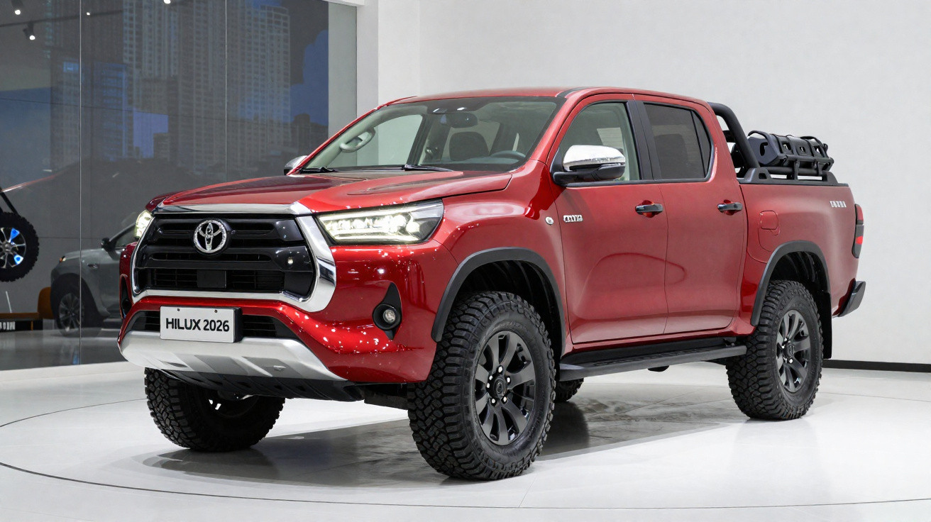 Picape Toyota Hilux 2026 na cor vermelha exibida em showroom moderno.