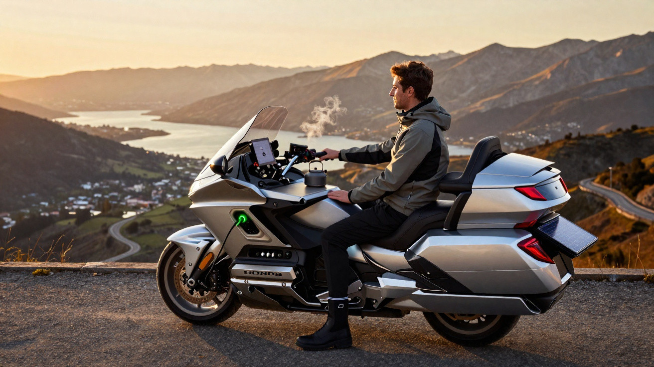 Homem sentado em moto prata estacionada com vista panorâmica de montanhas e rio ao pôr do sol.
