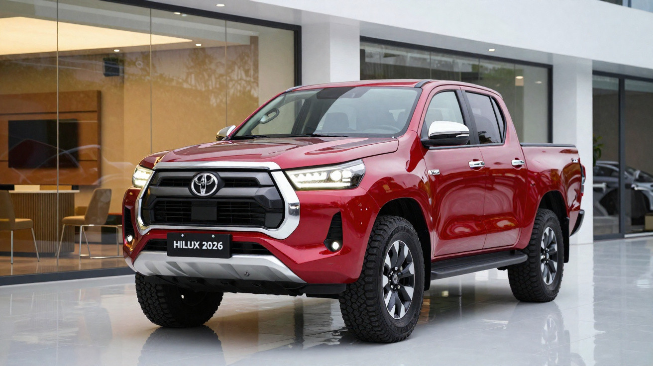 Picape Toyota Hilux 2026 vermelha estacionada em showroom moderno com teto branco e paredes de vidro.