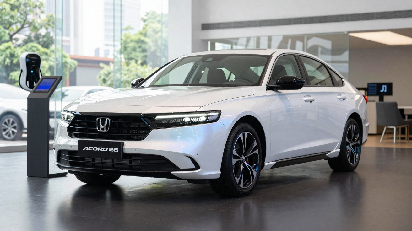 Carro branco Honda Accord 26 exibido em showroom moderno com carregador elétrico ao lado.