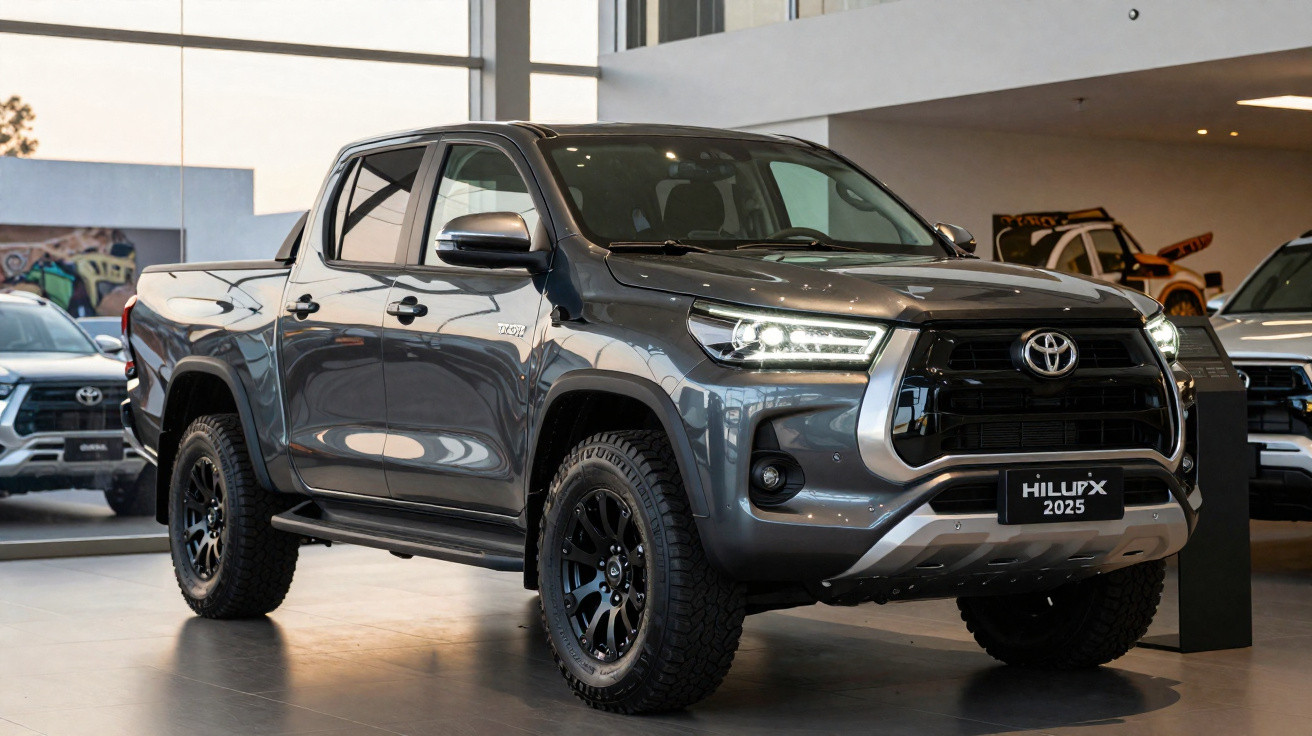 Picape Toyota Hilux 2025 cinza em showroom com faróis acesos.