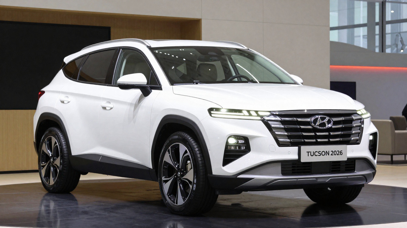 Carro SUV branco Hyundai Tucson 2026 em exposição, com design moderno e elegante.