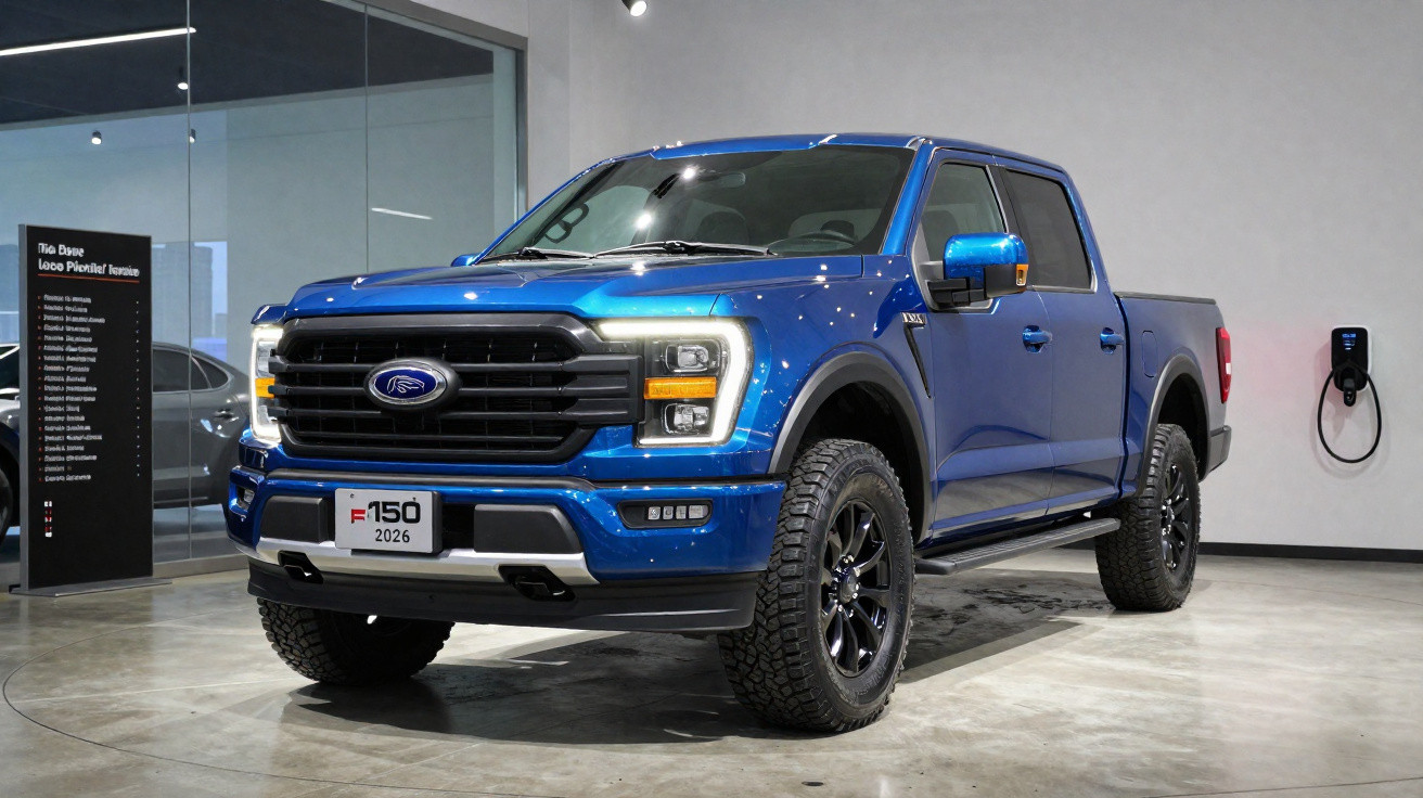Picape azul Ford F-150 2026 em showroom moderno com carregador elétrico na parede branca.