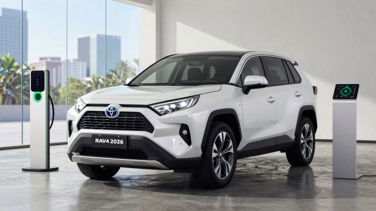 Carro Toyota RAV4 2026 branco estacionado em sala com carregador elétrico ao lado.