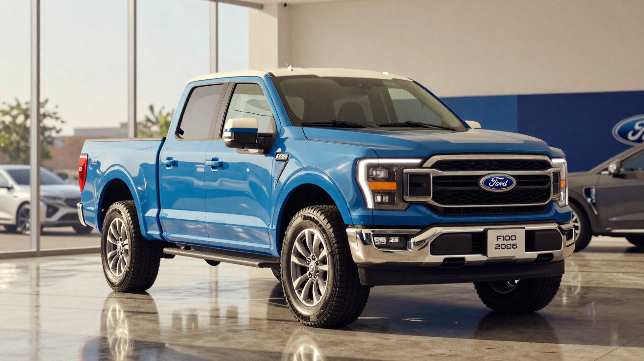 Picape Ford F-100 2026 azul em showroom com iluminação natural e piso refletivo.