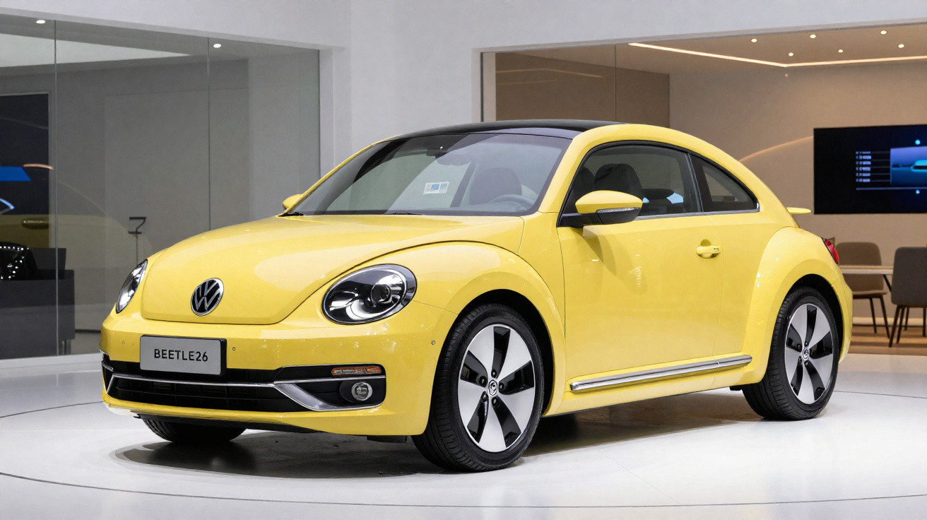 Carro Volkswagen Beetle amarelo exibido em salão moderno com piso branco e paredes claras.