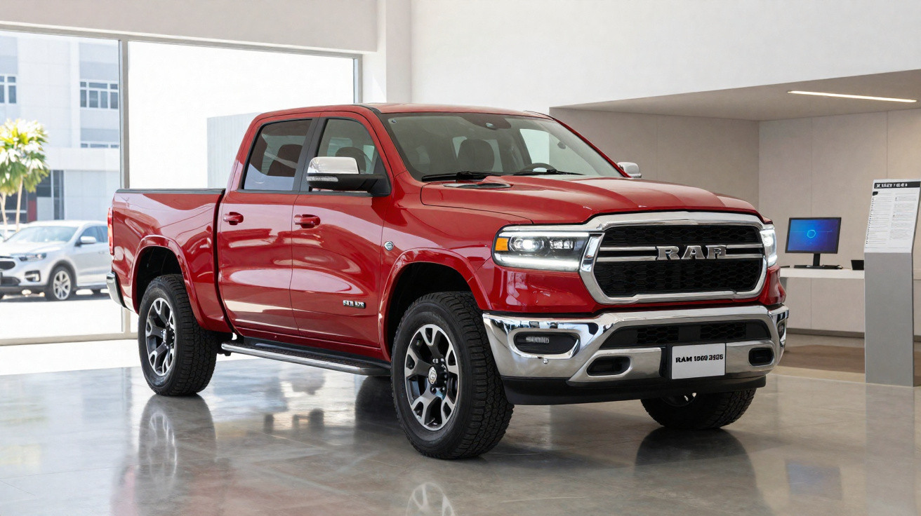 Picape vermelha RAM 1500 2023 em showroom com piso brilhante e iluminação natural.
