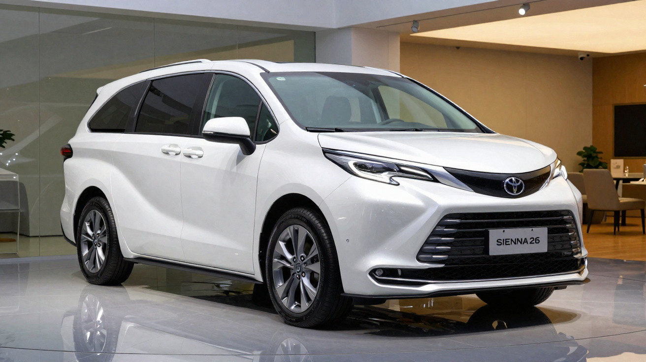 Minivan branca Toyota Sienna 2026 estacionada em ambiente interno com piso refletivo.