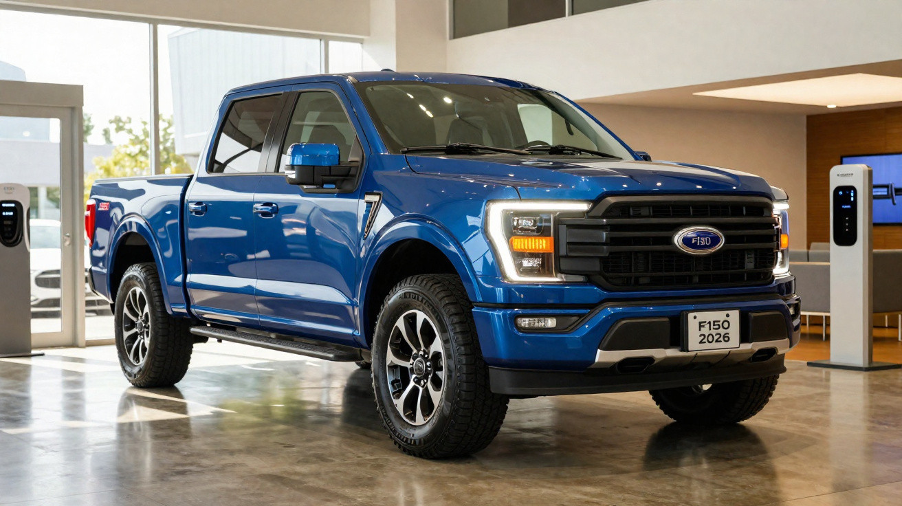 Picape Ford F-150 azul exibida em showroom moderno com piso de cimento polido.