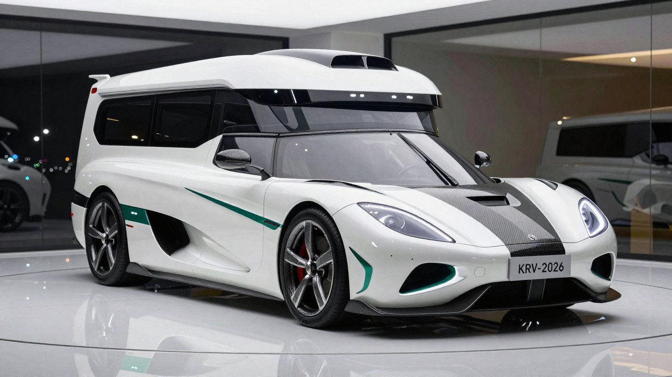Carro esportivo branco com design futurista, teto elevado e grafismo verde em espaço moderno e iluminado.