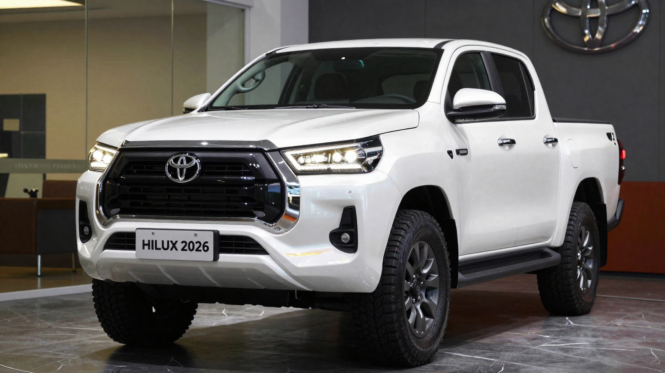 Picape Toyota Hilux 2026 branca exibida em showroom, vista frontal direita.
