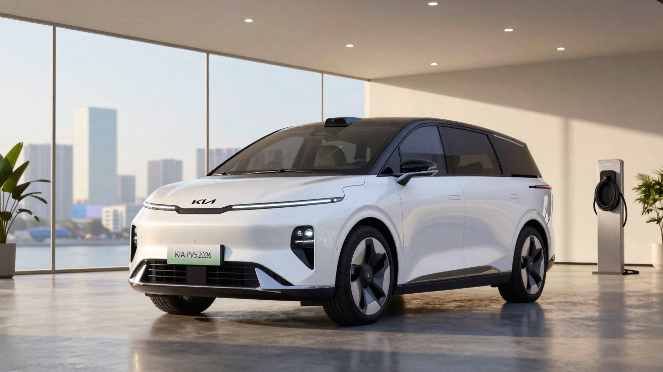 Carro elétrico Kia EV no showroom moderno com parede de vidro e estação de carregamento à direita.