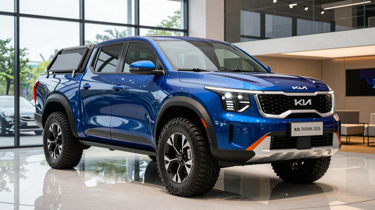 Picape azul KIA Tasman 2026 exposta em showroom moderno com vidro e piso brilhante