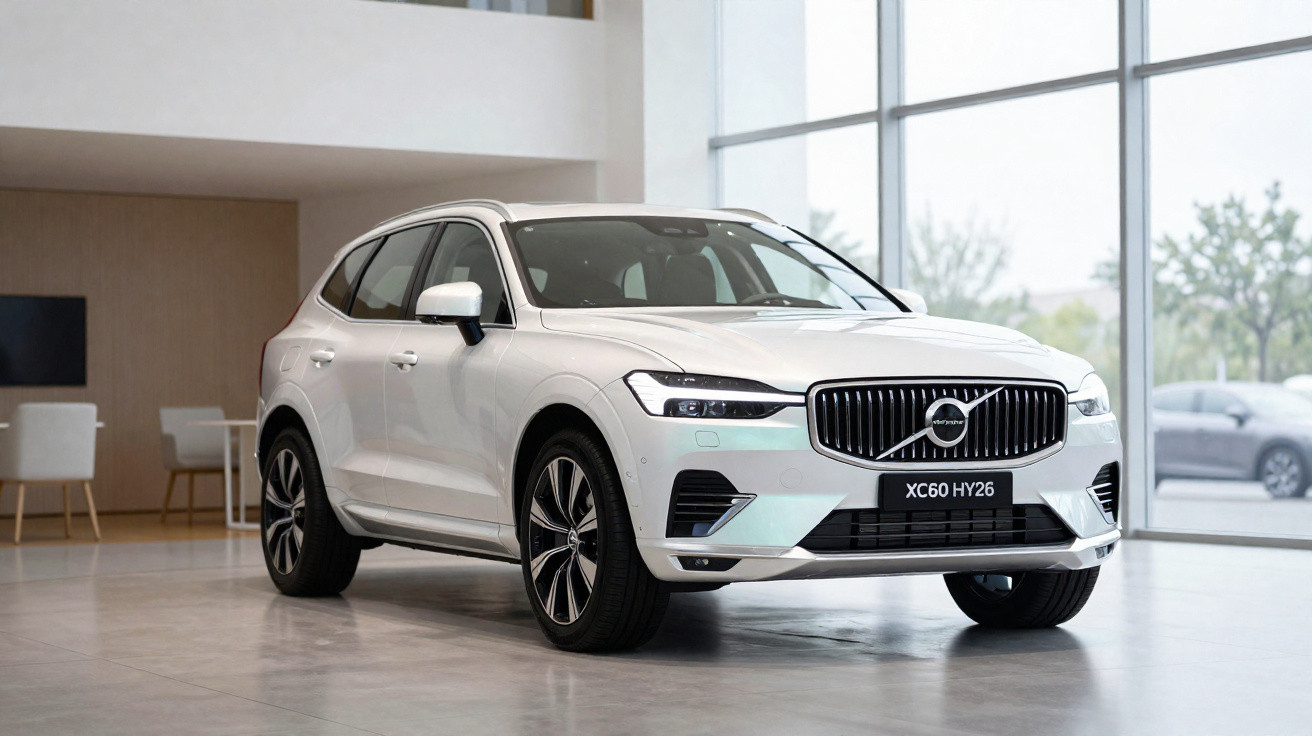 Carro branco Volvo XC60 Híbrido estacionado em ambiente interno moderno com grandes janelas.