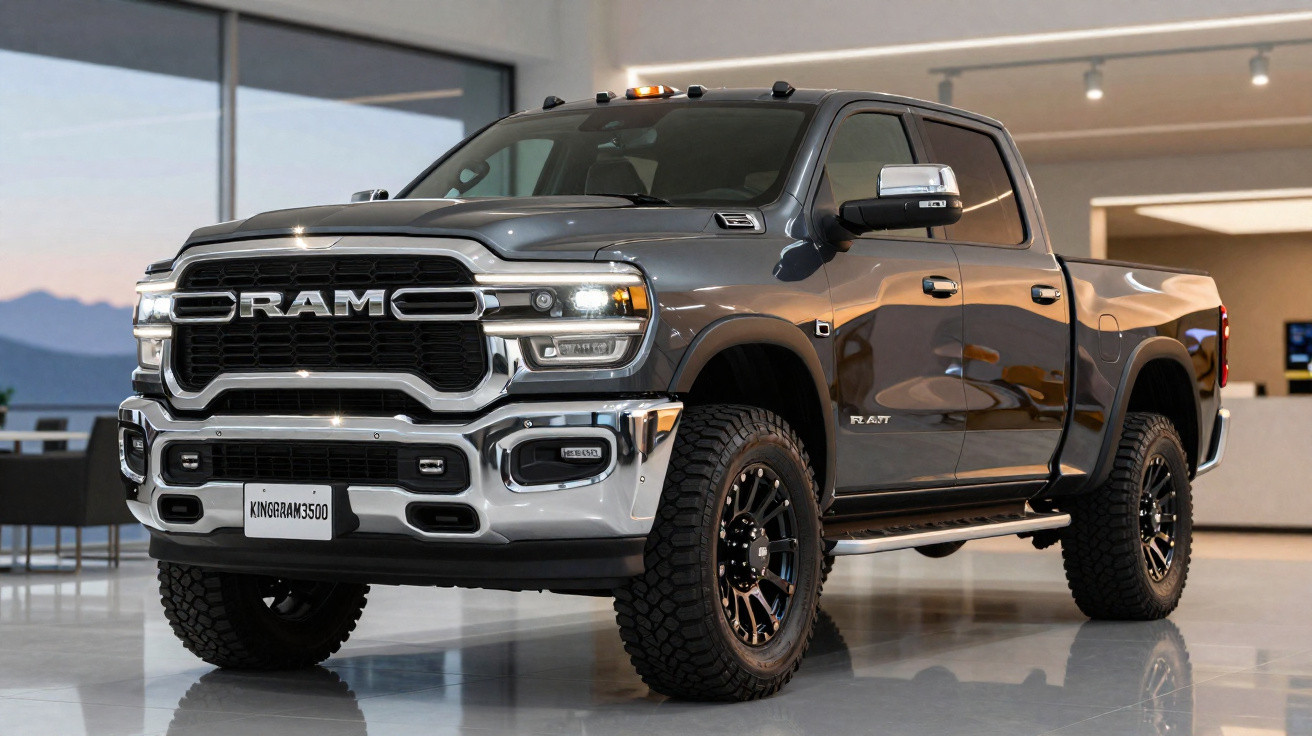 Picape RAM 3500 cinza com rodas grandes em showroom moderno e iluminado.
