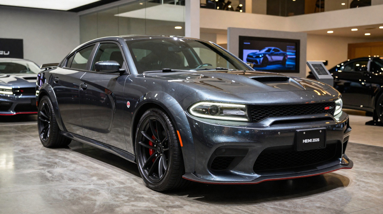 Carro esportivo preto Dodge Charger HEMI 2023 em exposição dentro de salão moderno.