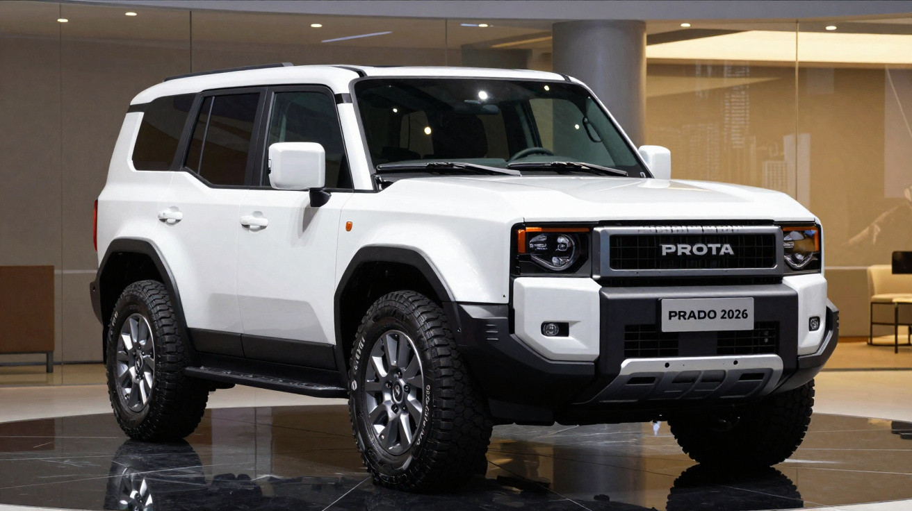SUV branco robusto modelo Prado 2026 exibido em ambiente interno moderno.