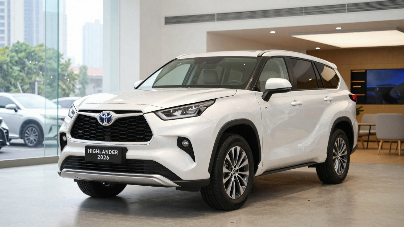 SUV branco Toyota Highlander 2026 em exposição interna com teto solar panorâmico aberto.