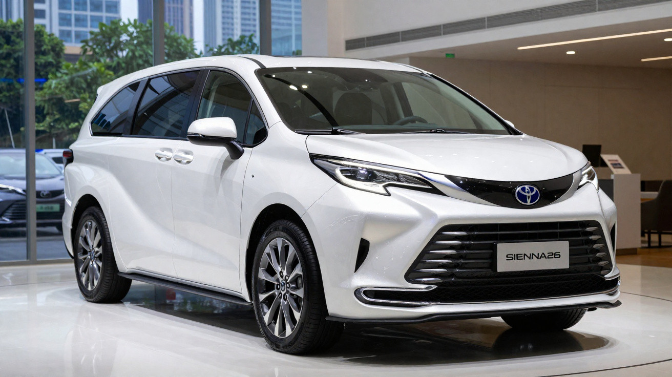Toyota Sienna branca estacionada em ambiente interno com prédios visíveis ao fundo pela janela.