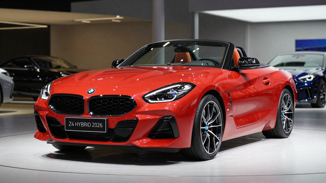 Carro esportivo conversível vermelho BMW Z4 Hybrid 2026 em exibição interna.
