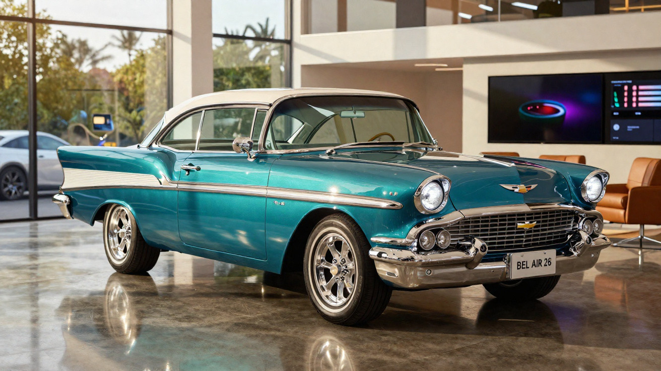 Carro clássico Chevrolet Bel Air 1957 azul e branco exibido em ambiente moderno com piso refletivo.