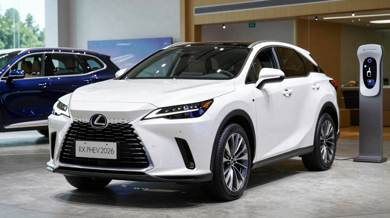 Carro SUV branco Lexus RX PHEV 2026 em exposição com estação de recarga elétrica ao lado.