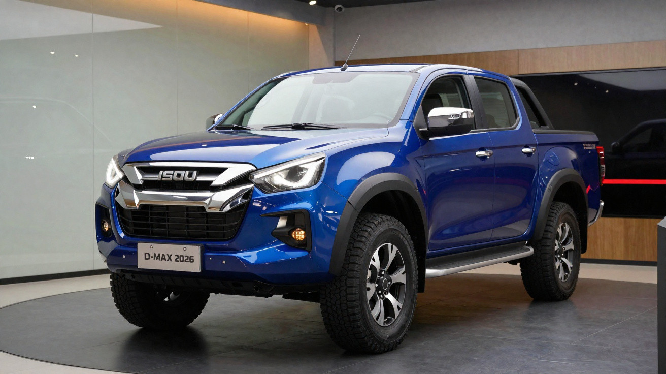 Picape azul Isuzu D-Max 2026 em exposição interna com iluminação suave e fundo cinza e madeira.