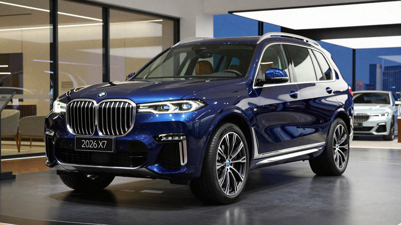 SUV BMW X7 azul 2026 exibido em showroom moderno com interior iluminado e vidro ao fundo.
