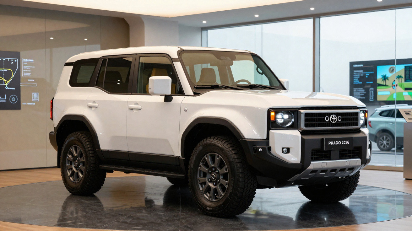SUV branco modelo Prado 2026 exibido em showroom moderno com janelas amplas e iluminação interna.
